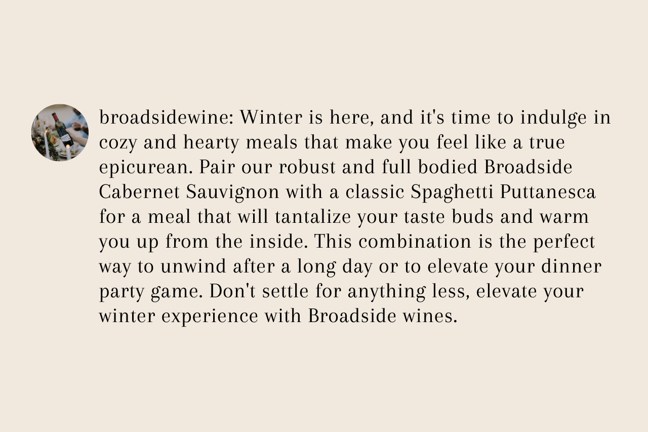 Screenshot of Broadside Wine Instagram Caption that Rebecca Drew wrote
